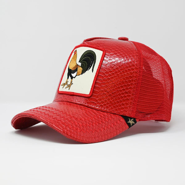 Rooster Red leather trucker