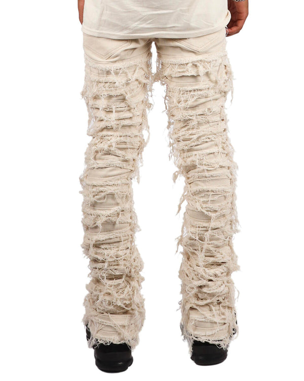 MEN'S HEAVY RIP & FRAYED STACKED DENIM PANT-TAN