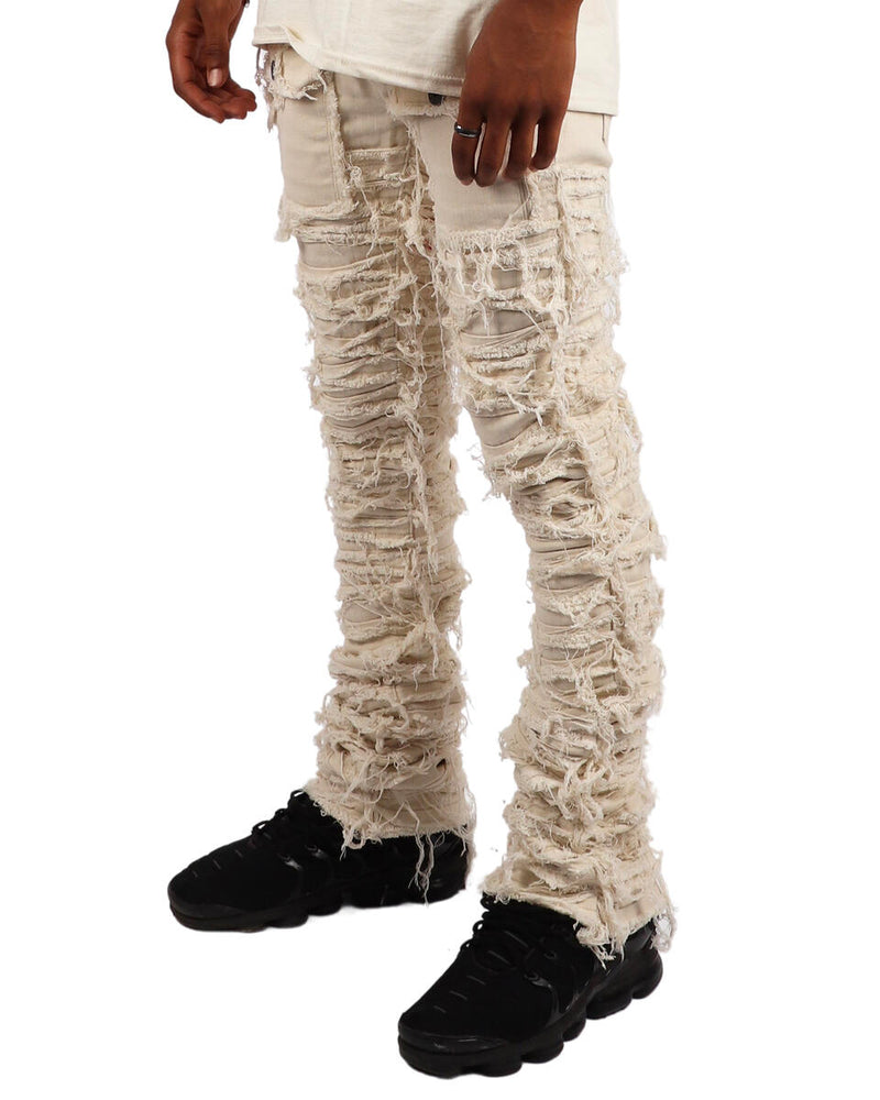 MEN'S HEAVY RIP & FRAYED STACKED DENIM PANT-TAN