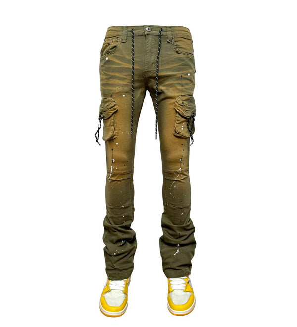 TWILL CARGO STACKED PANT-OLIVE