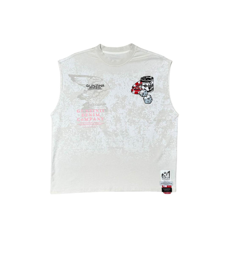 GUNZINII ROLLING DICE SLEEVELESS TEE- NATURAL