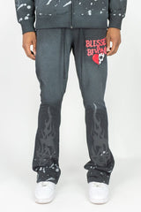 BLESSED BEYOND WASHED FLEECE STACKED PANTS-CHARCOL