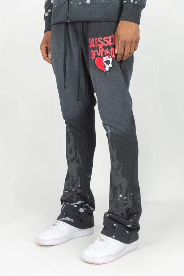 BLESSED BEYOND WASHED FLEECE STACKED PANTS-CHARCOL