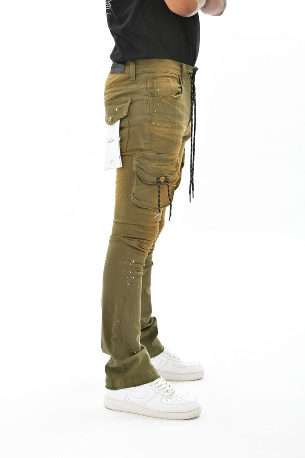 TWILL CARGO STACKED PANT-OLIVE