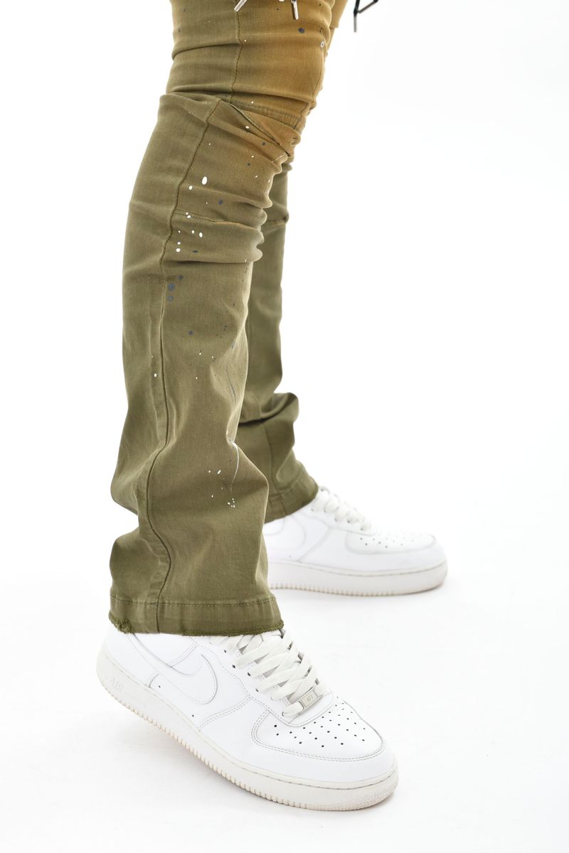 TWILL CARGO STACKED PANT-OLIVE