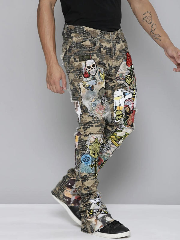 PATCHED CAMO STACKED DENIM