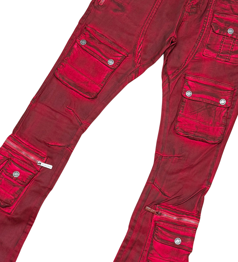 DIRTY WASH MULTI CARGO FLARE JEANS W/ ZIPPER DETAILS