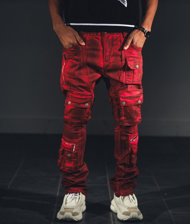 DIRTY WASH MULTI CARGO FLARE JEANS W/ ZIPPER DETAILS