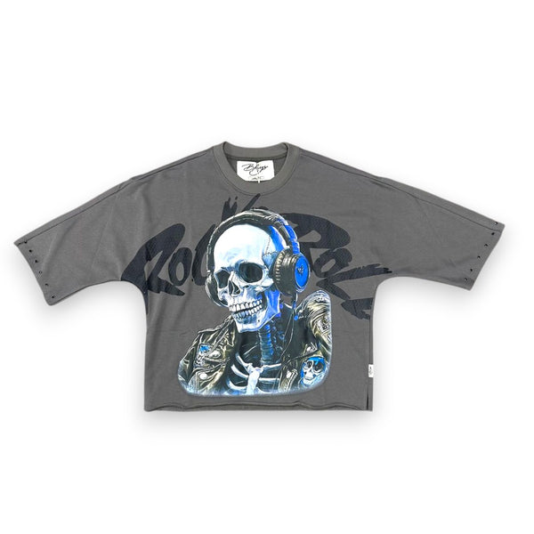 "ROCK&ROLL" F-TERRY CROPPED T-SHIRT - GREY