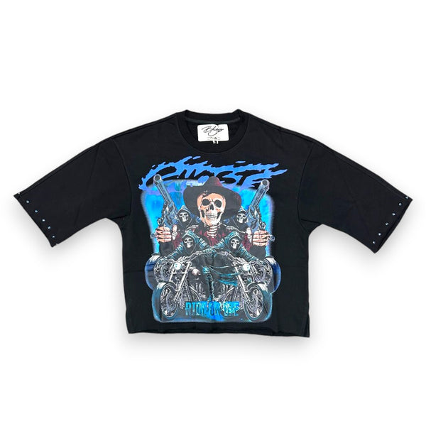 "GHOST" F-TERRY CROPPED T-SHIRT - BLACK