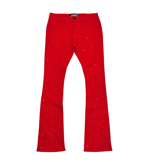 Embellished Flared Stacked Denim-Red