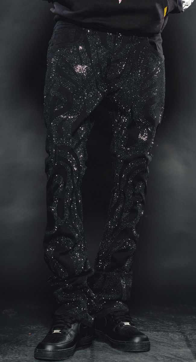 RHINESTONE FLARE STACKED DENIM- BLACK