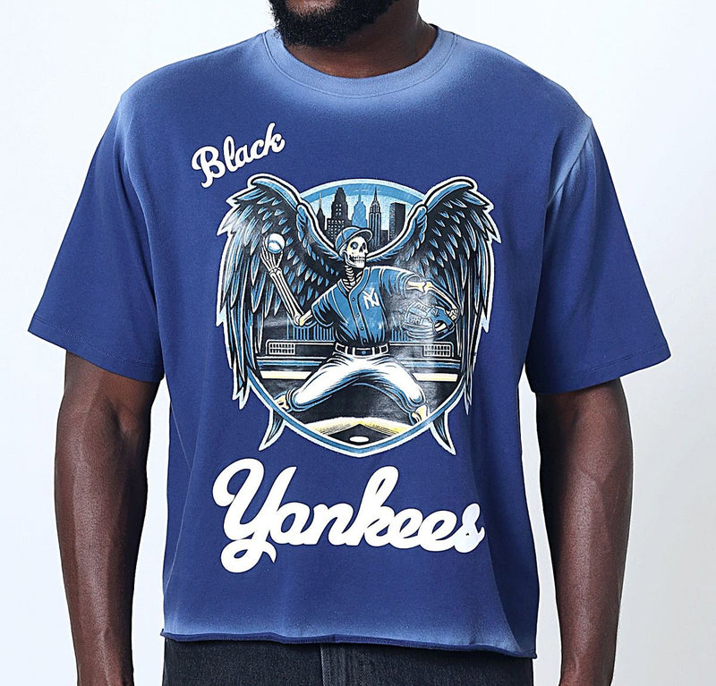 BLACK YANKEES CROPPED RHINESTONE SHIRT-NAVY