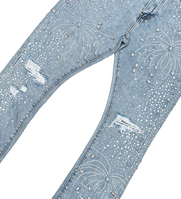 EMBELLISHED RHINESTONE FLARED DENIM - BLUE