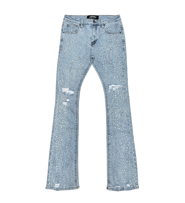 EMBELLISHED RHINESTONE FLARED DENIM - BLUE