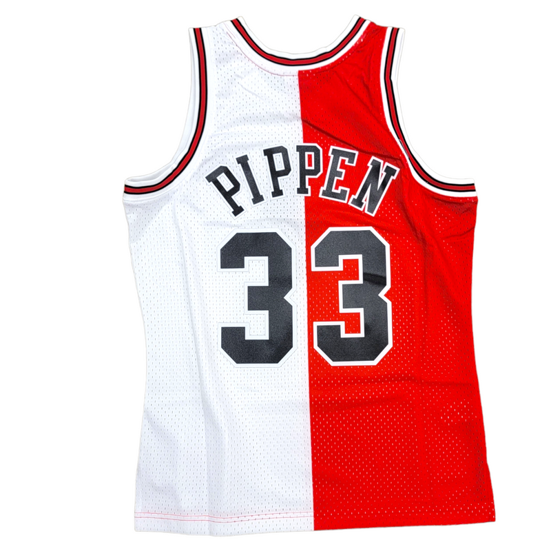 Men s Chicago Bulls Scottie Pippen Mitchell Ness Red White Hardwood Classics 1997 98 Split Swingman Jersey