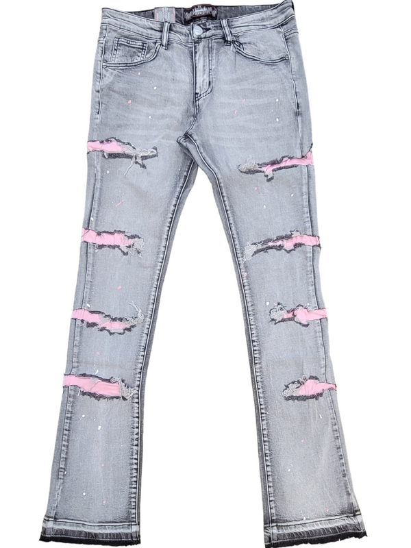 ZOMBIE PINK RIPPED LIGHT GREY WASH STACKED DENIM