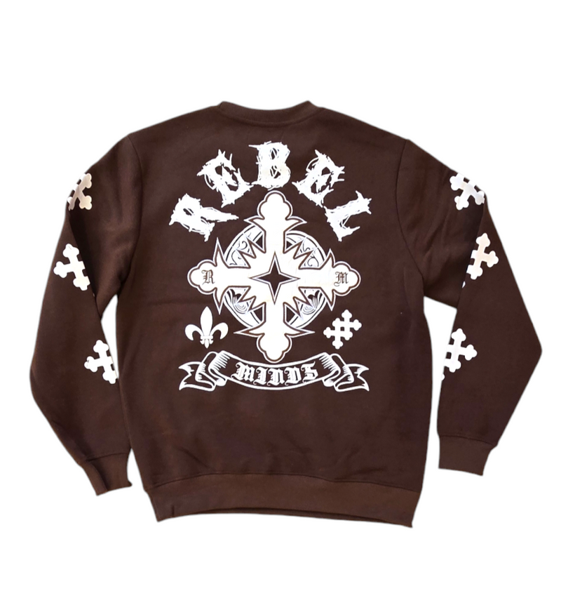 REBEL CROSS FLEECE CREWNECK- BROWN