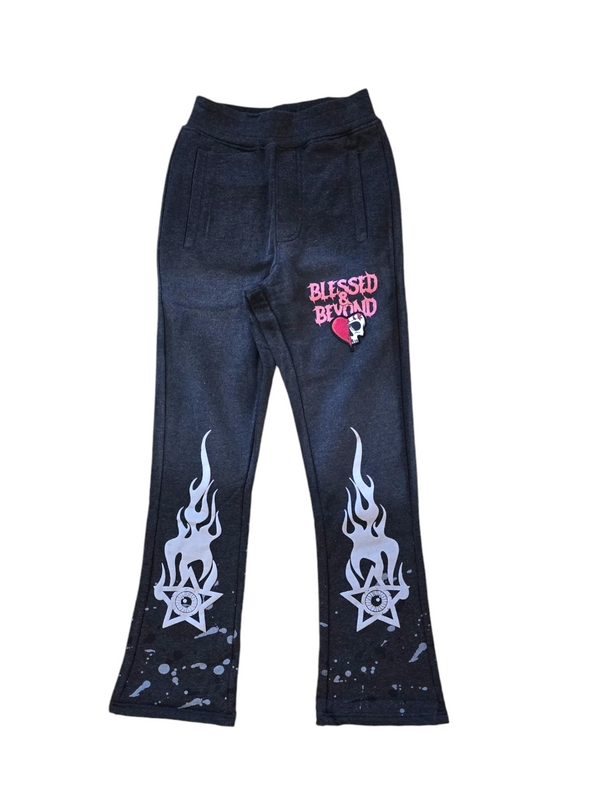 KIDS BLESSED BEYOND WASHED FLEECE STACKED PANTS-CHARCOL