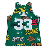 Men's Mitchell & Ness Larry Bird Kelly Green Boston Celtics 1985/86 Hardwood Classics Slap Sticker Swingman - Jersey