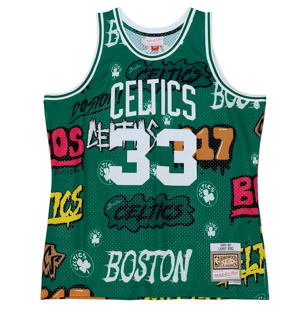 Men's Mitchell & Ness Larry Bird Kelly Green Boston Celtics 1985/86 Hardwood Classics Slap Sticker Swingman - Jersey
