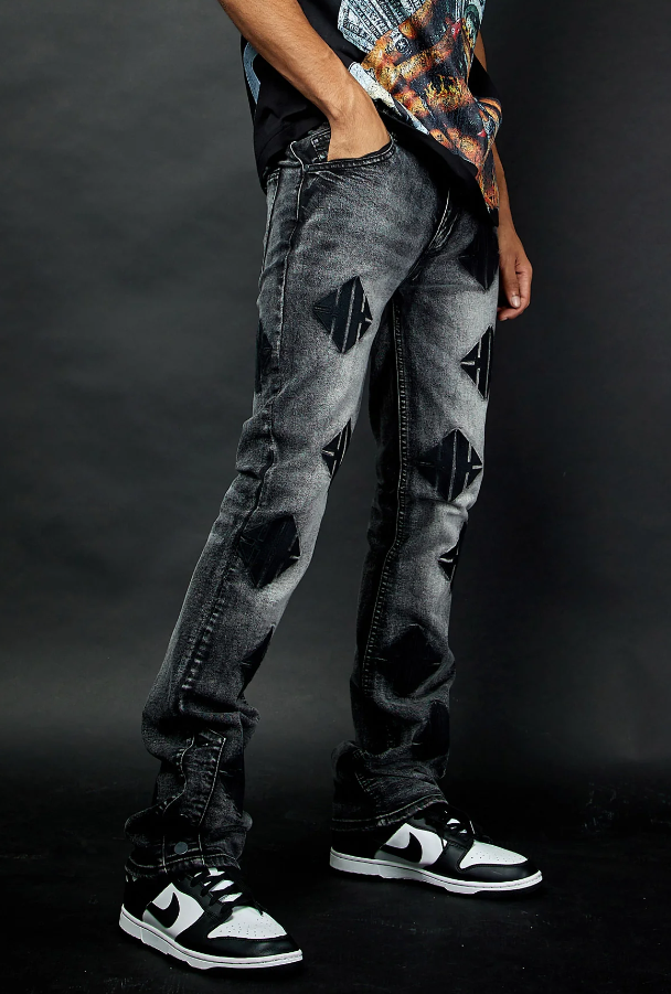 KND4883 M.GREY - EMBROIDERY STACKED JEANS