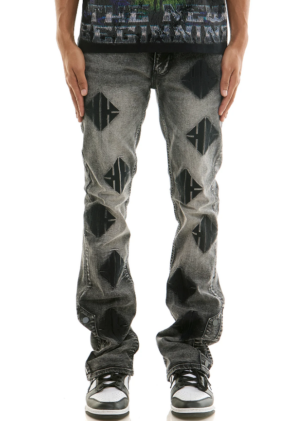 KND4883 M.GREY - EMBROIDERY STACKED JEANS