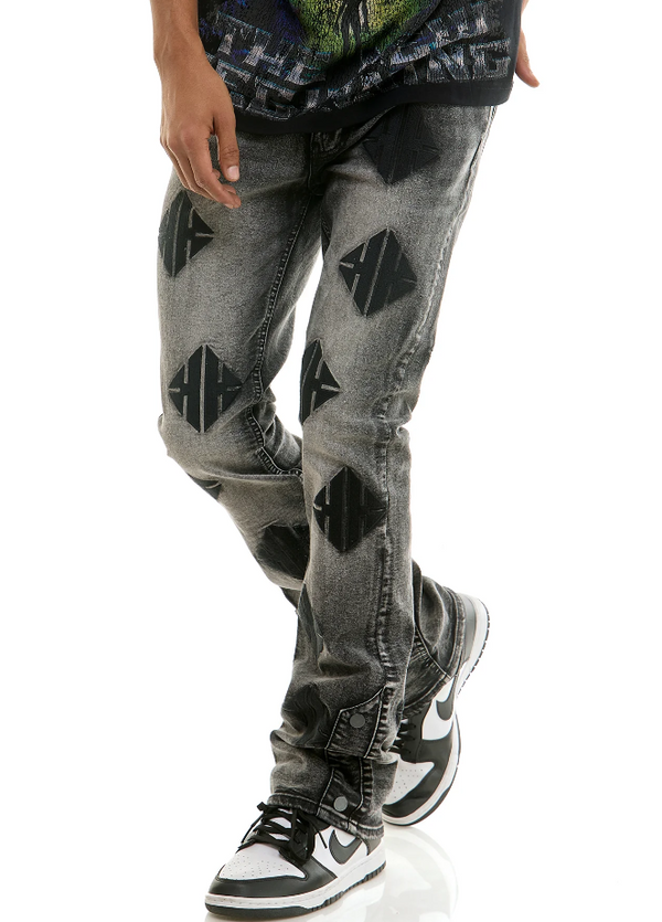 KND4883 M.GREY - EMBROIDERY STACKED JEANS