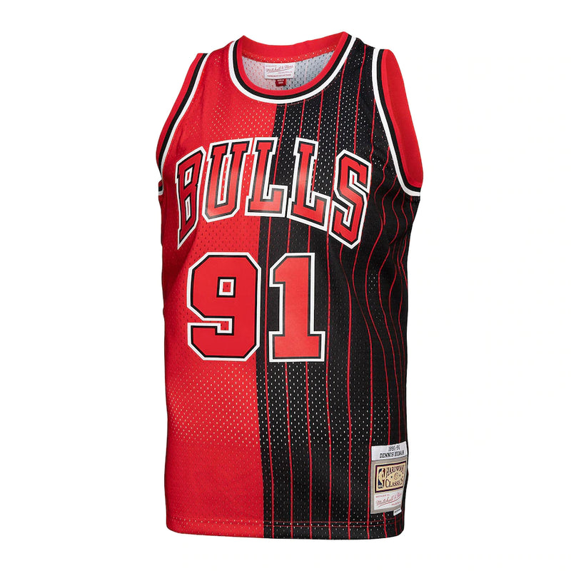 Men's Chicago Bulls Dennis Rodman Mitchell & Ness Red/Black Hardwood Classics 1995-96 Split Swingman Jersey