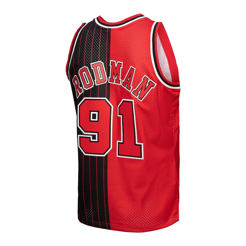 Men's Chicago Bulls Dennis Rodman Mitchell & Ness Red/Black Hardwood Classics 1995-96 Split Swingman Jersey