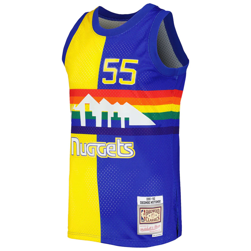 Men's Denver Nuggets Dikembe Mutombo Mitchell & Ness Royal/Gold Hardwood Classics 1991-92 Split Swingman Jersey