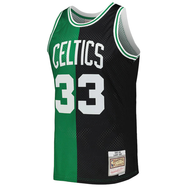 Men's Boston Celtics Larry Bird Mitchell & Ness Black/Kelly Green Hardwood Classics 1985-86 Split Swingman Jersey