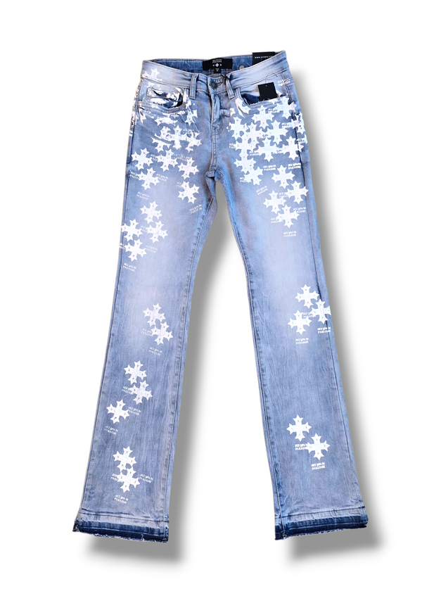 KIDS STAMPED PRINT STACKED JEANS- L/BLUE