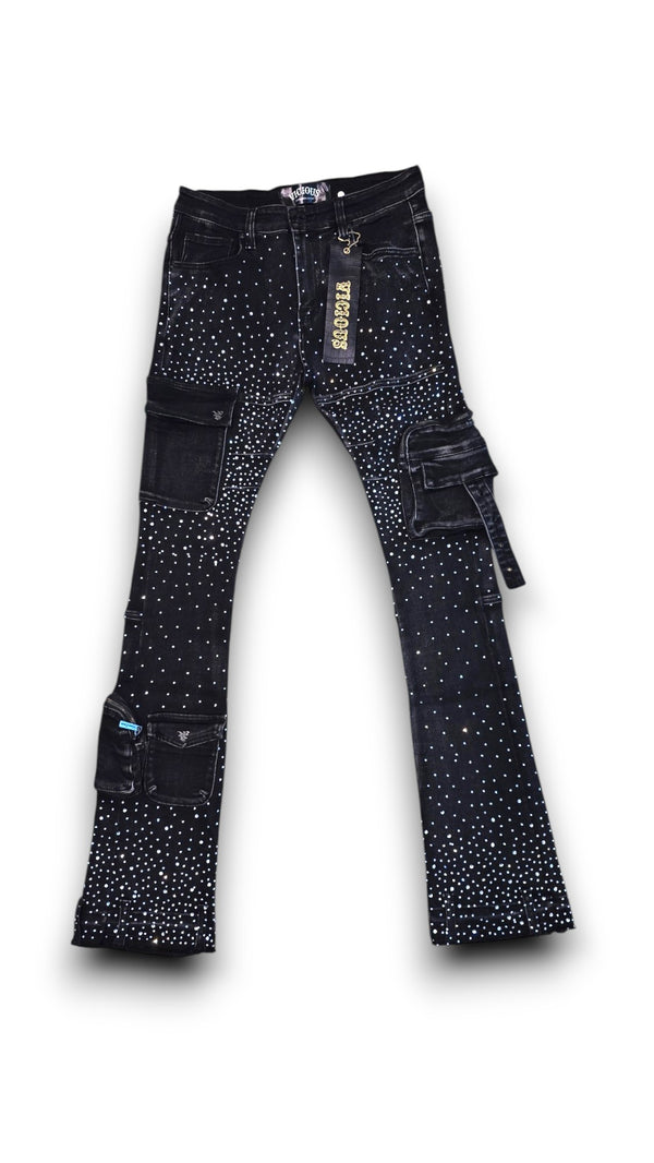 VICIOUS CARGO RIHNSTONES DENIM-SHADOW BLACK