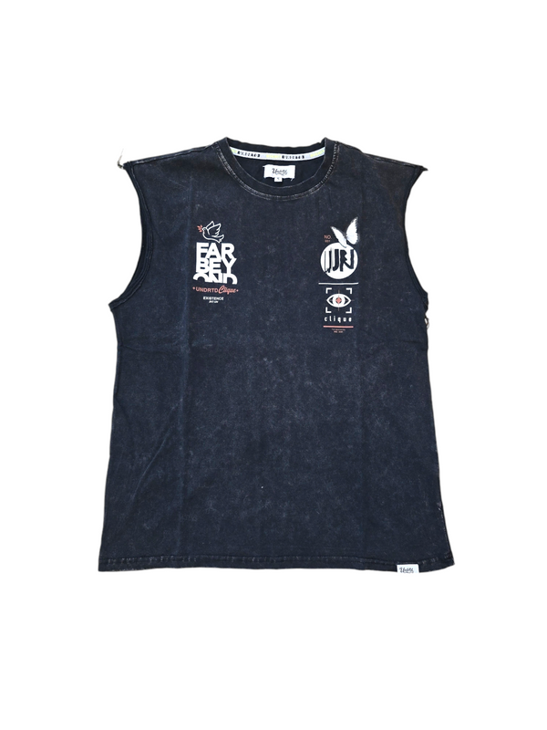 SEE FAR BEYOND SLEEVELESS TEE-BLACK ACID WASH