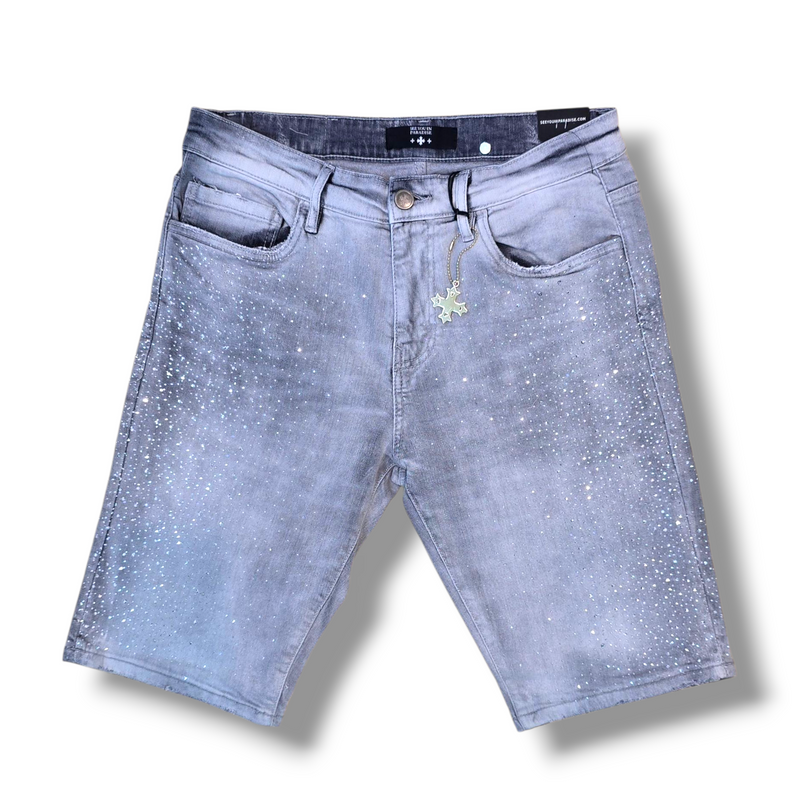 DENIM SHORTS W CRYSTALS - CEMENT WASH