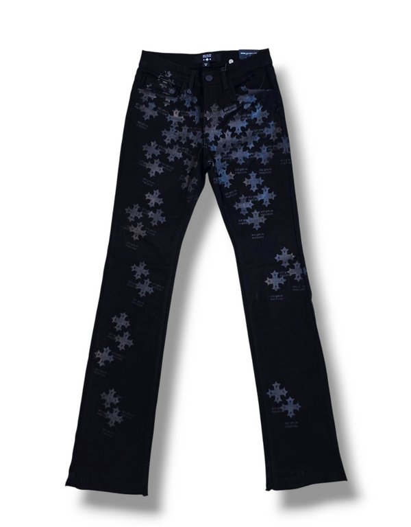 KIDS STAMPED PRINT STACKED JEANS-BLACK