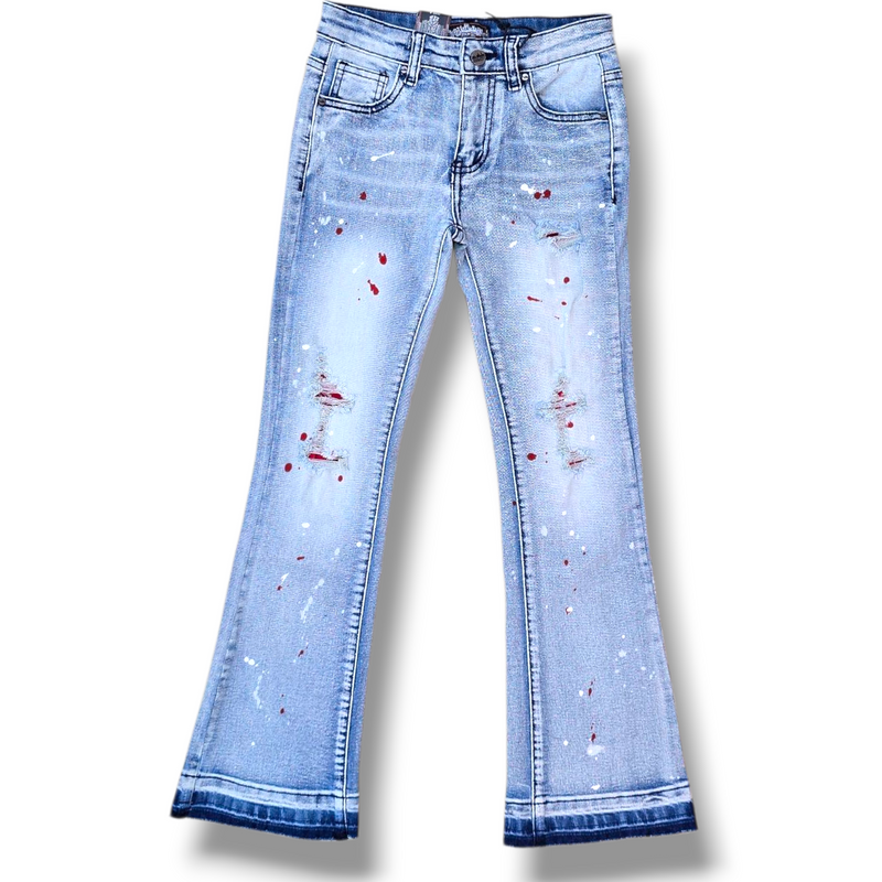 KIDS RIP N REPAIR BLEACHED LIGHT BLUE WASH WITH RED STITCH