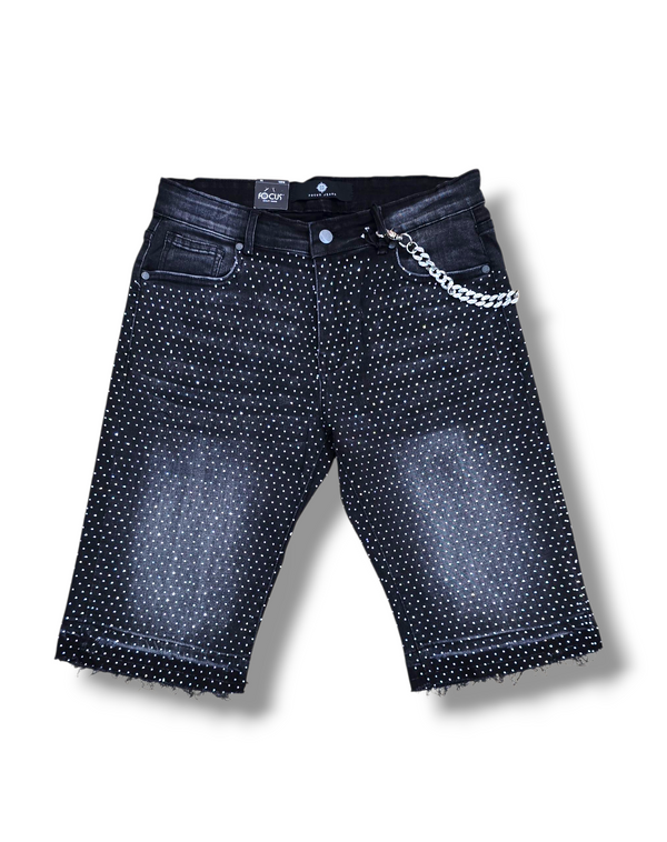 Stone Denim Shorts w. Chain- Smoked Black