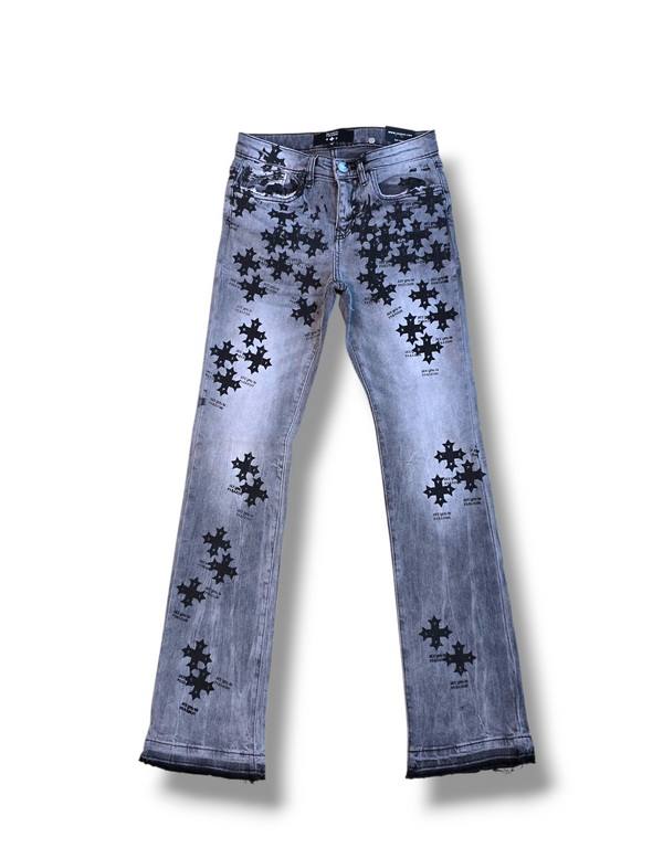 KIDS STAMPED PRINT STACKED JEANS-SMOKED GREY